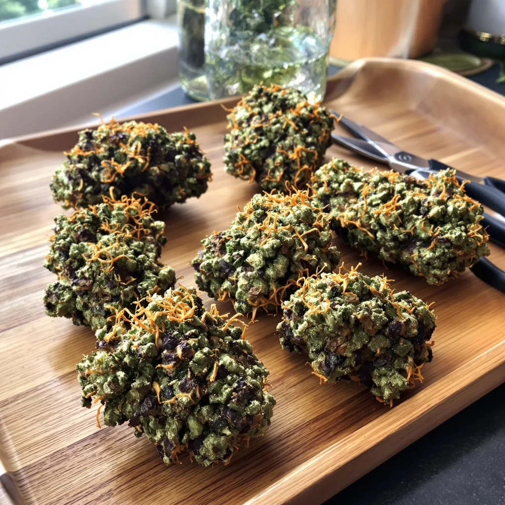 Kiwiskunk 69% Indica / 31% Sativa — Blüte mit sichtbaren Trichomen