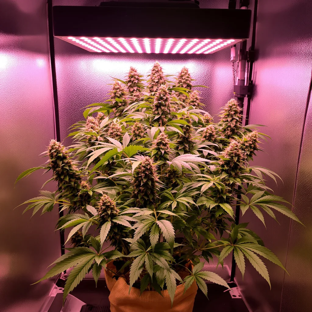 Kiwiskunk 69% Indica / 31% Sativa — Blüte mit sichtbaren Trichomen