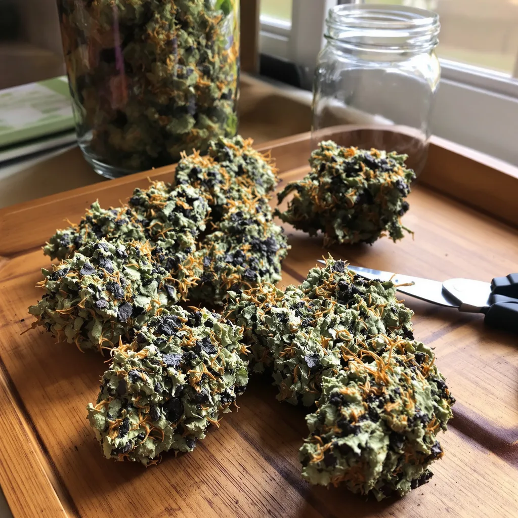 Kosher Kush 86% Indica / 14% Sativa — Blüte mit sichtbaren Trichomen