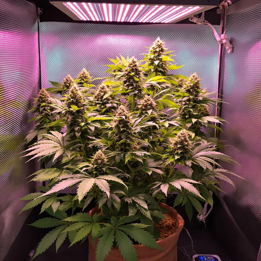 Kosher Kush 86% Indica / 14% Sativa — Blüte mit sichtbaren Trichomen