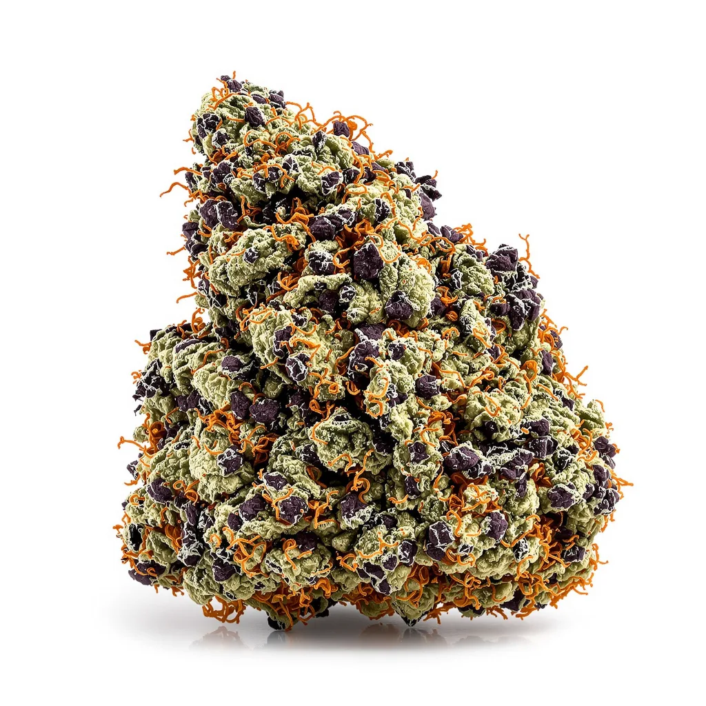 Kosher Kush 86% Indica / 14% Sativa — Blüte mit sichtbaren Trichomen