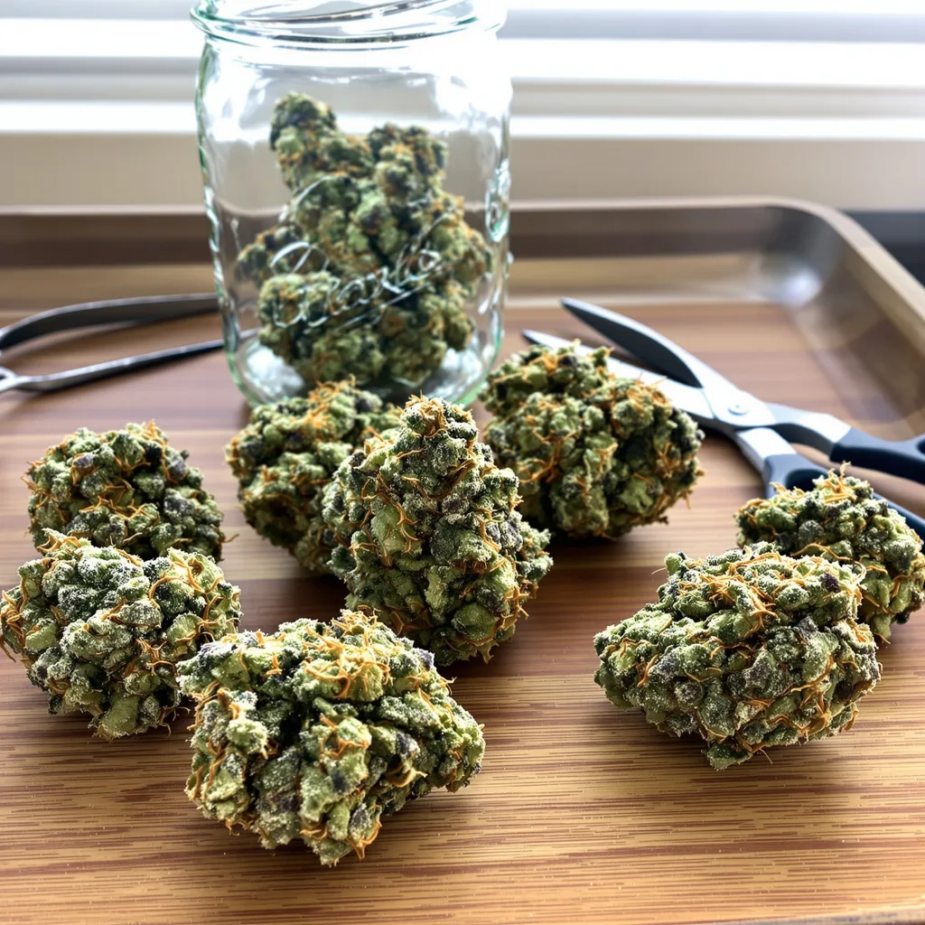 Kosher Tangie 60% Indica / 40% Sativa — Blüte mit sichtbaren Trichomen