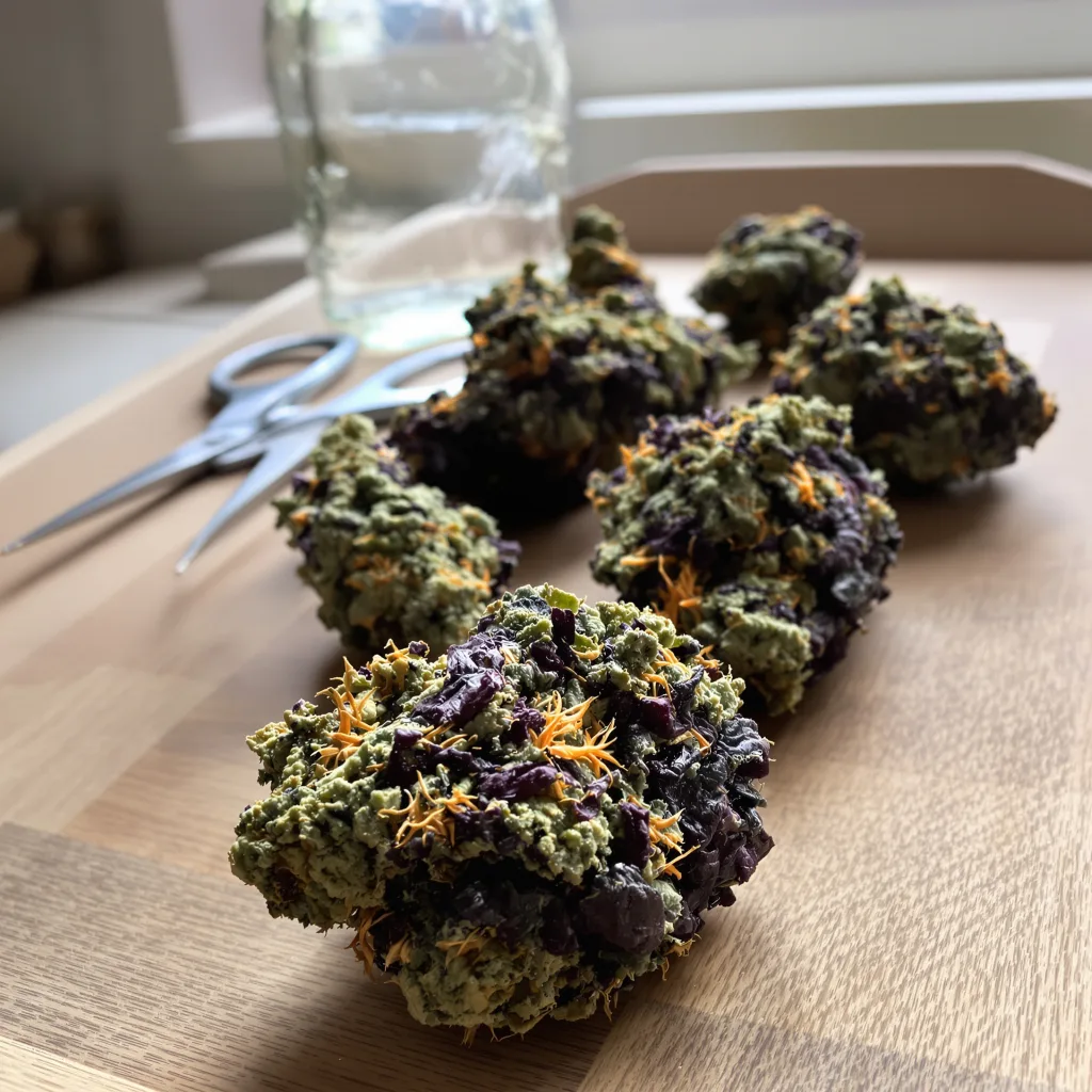 Krishna Kush 80% Indica / 20% Sativa — Blüte mit sichtbaren Trichomen