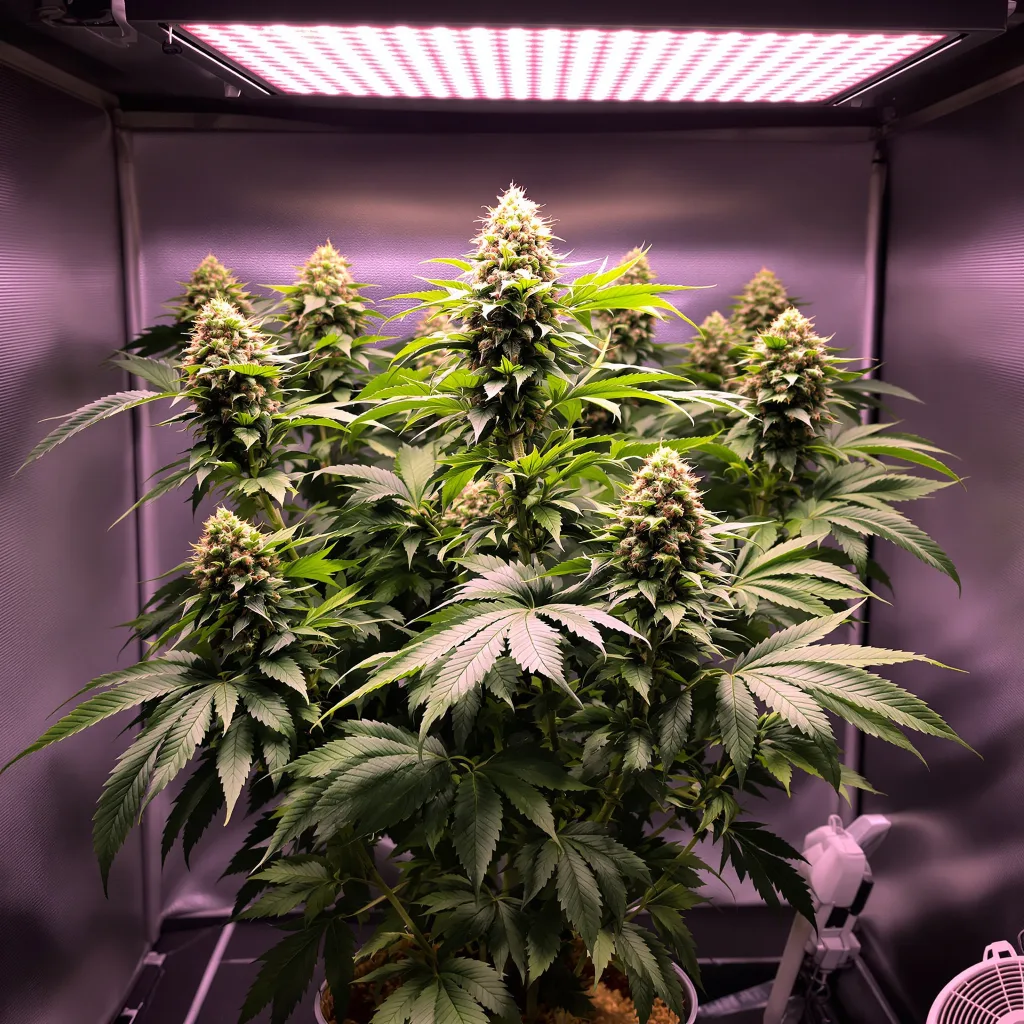 Krishna Kush 80% Indica / 20% Sativa — Blüte mit sichtbaren Trichomen