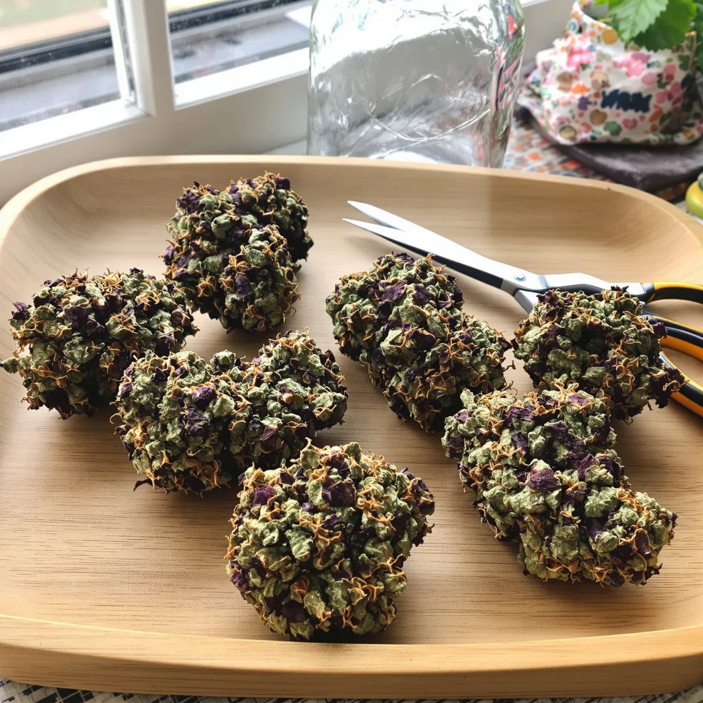 Kush Cake 84% Indica / 16% Sativa — Blüte mit sichtbaren Trichomen