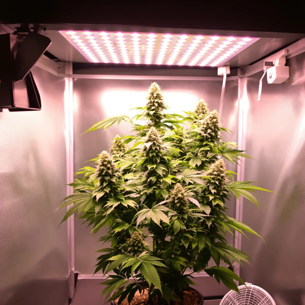 Kush Cake 84% Indica / 16% Sativa — Blüte mit sichtbaren Trichomen