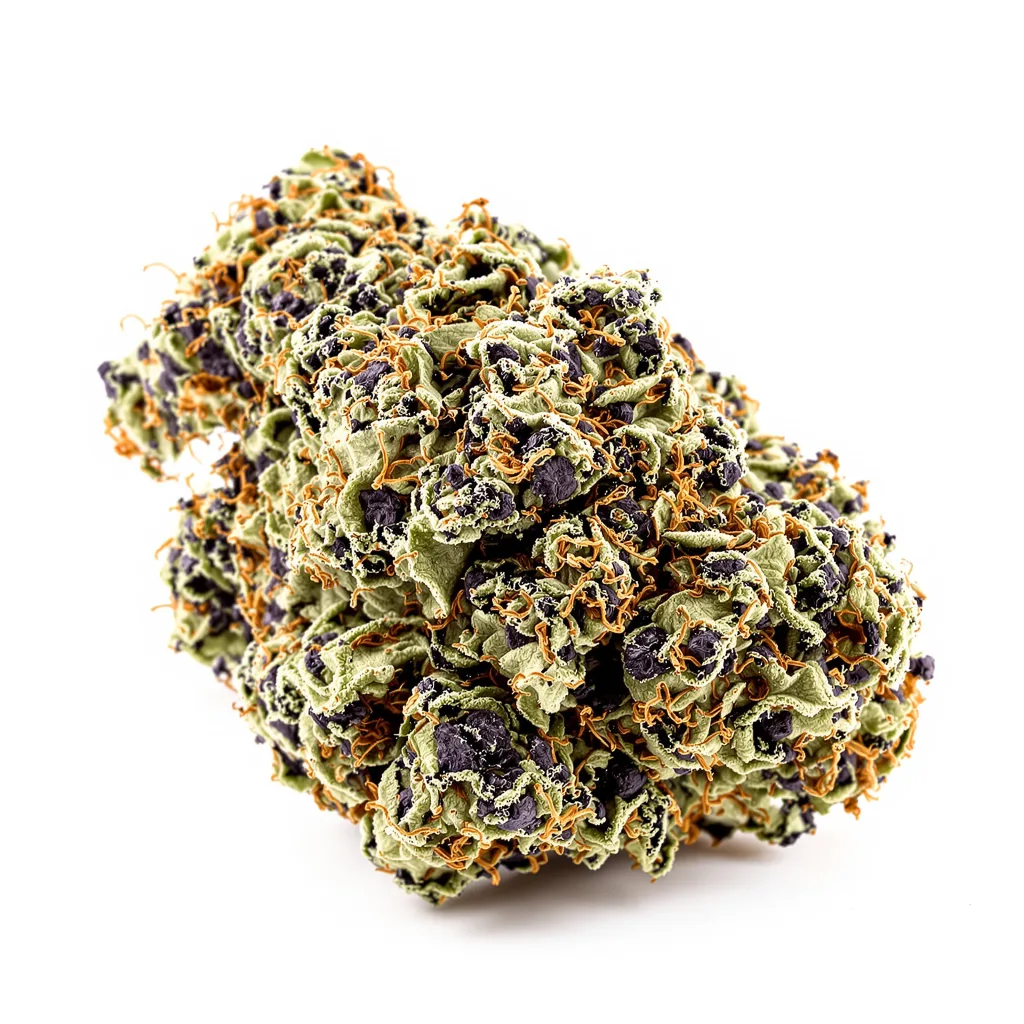 Kush Cake 84% Indica / 16% Sativa — Blüte mit sichtbaren Trichomen
