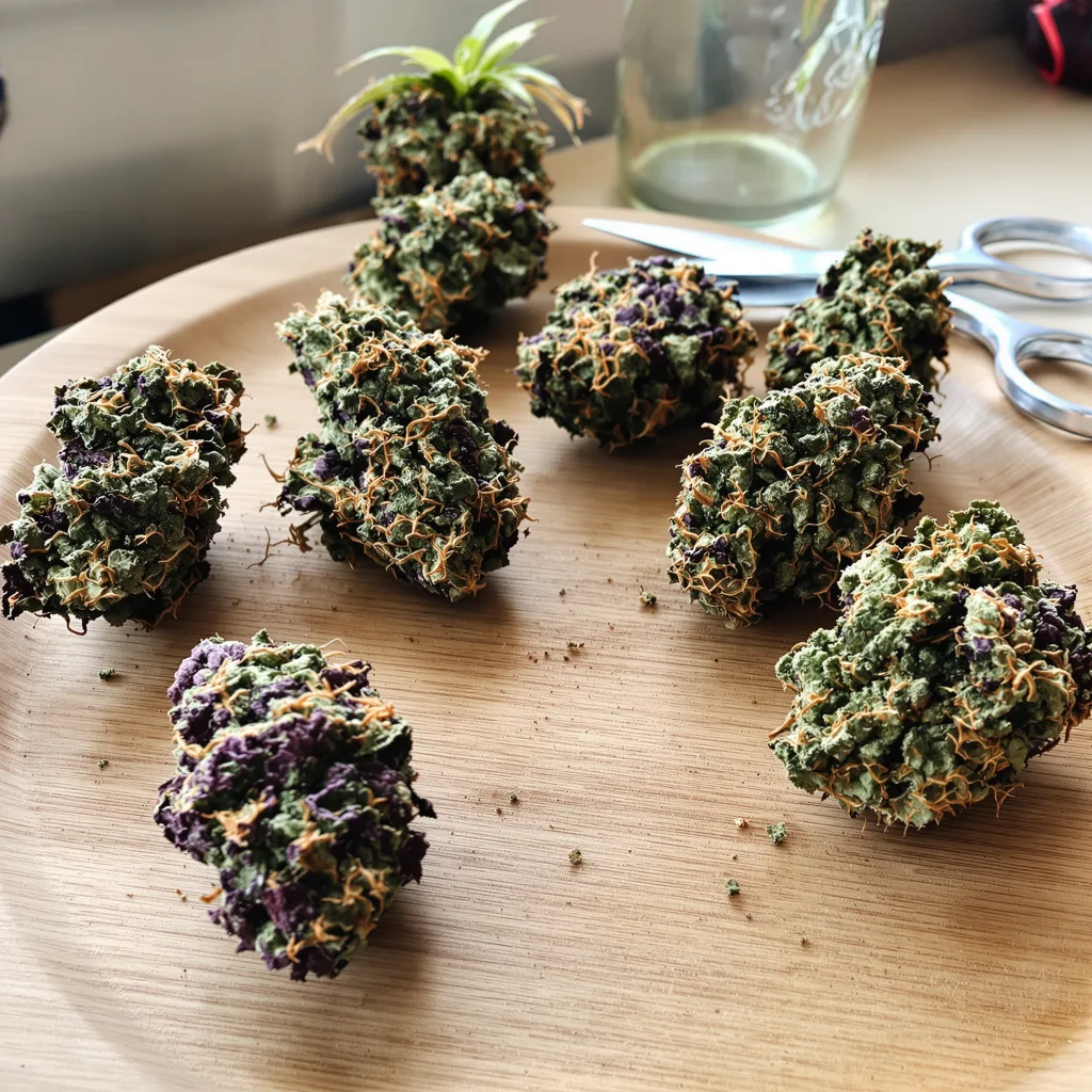 Kush XL 68% Indica / 32% Sativa — Blüte mit sichtbaren Trichomen