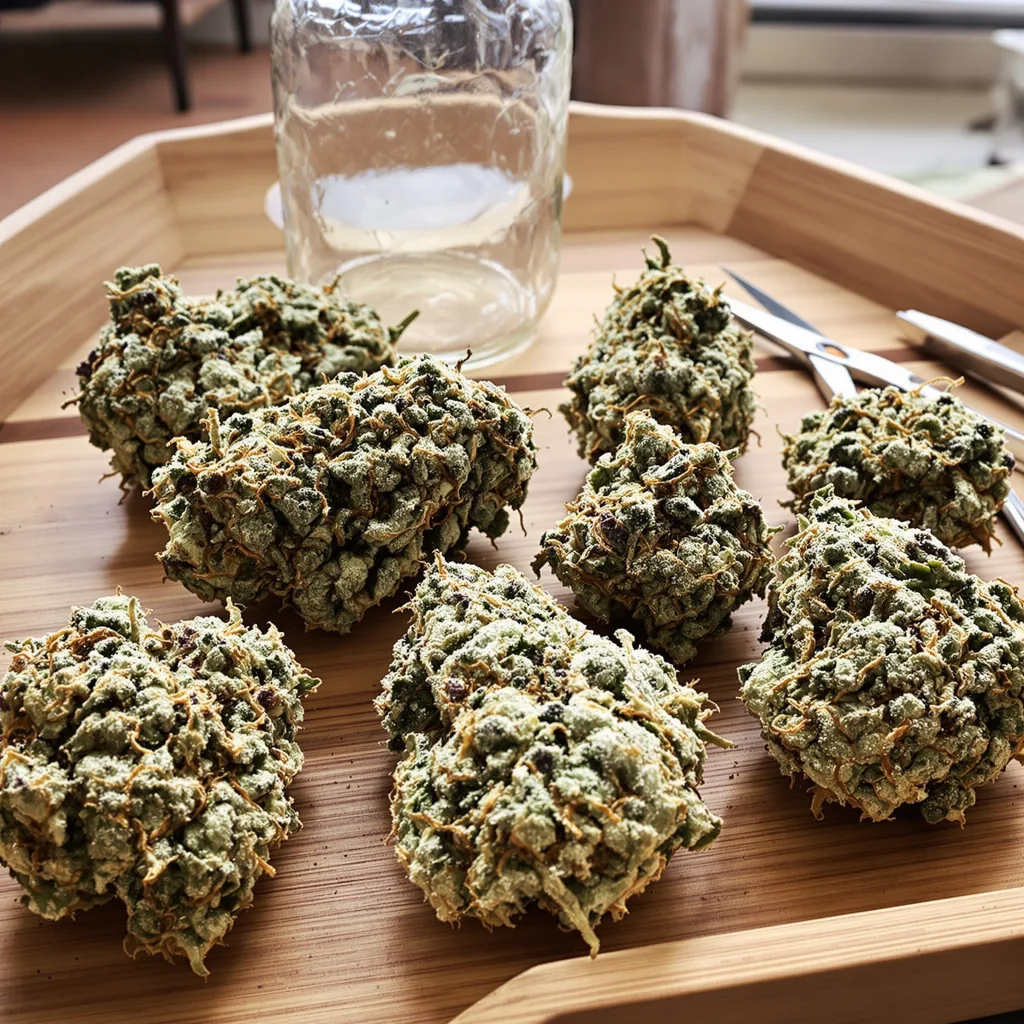 LA Confidential 50% Indica / 50% Sativa — Blüte mit sichtbaren Trichomen
