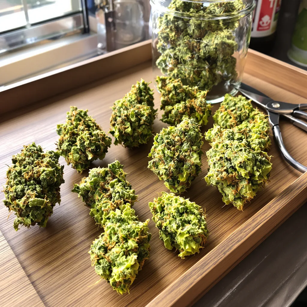 Laughing Buddha 20% Indica / 80% Sativa — Blüte mit sichtbaren Trichomen