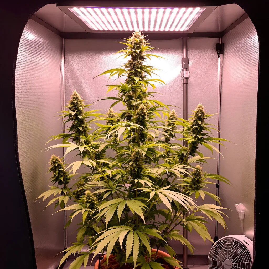 Laughing Buddha 20% Indica / 80% Sativa — Blüte mit sichtbaren Trichomen