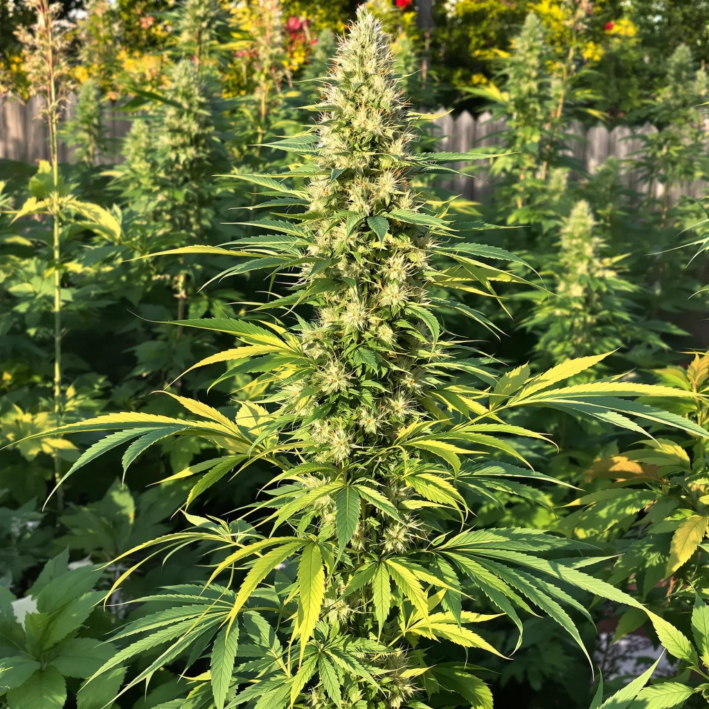 Laughing Buddha 20% Indica / 80% Sativa — Blüte mit sichtbaren Trichomen