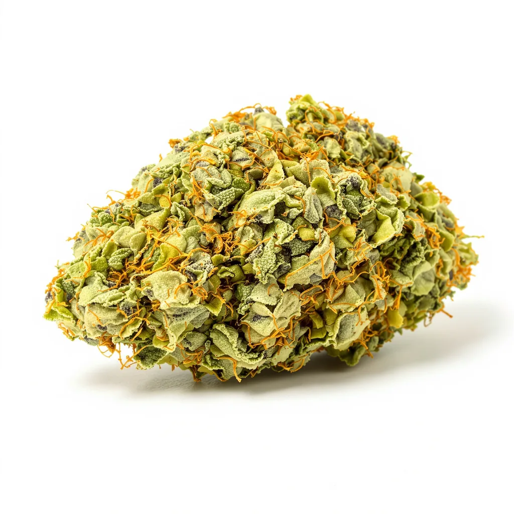 Laughing Buddha 20% Indica / 80% Sativa — Blüte mit sichtbaren Trichomen