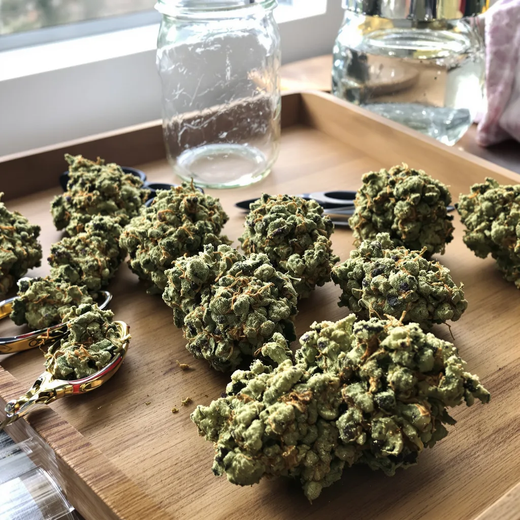 Le Silver Royale 54% Indica / 46% Sativa — Blüte mit sichtbaren Trichomen