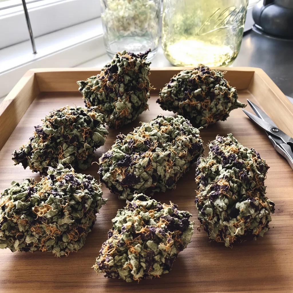 Lemon Daddy 68% Indica / 32% Sativa — Blüte mit sichtbaren Trichomen