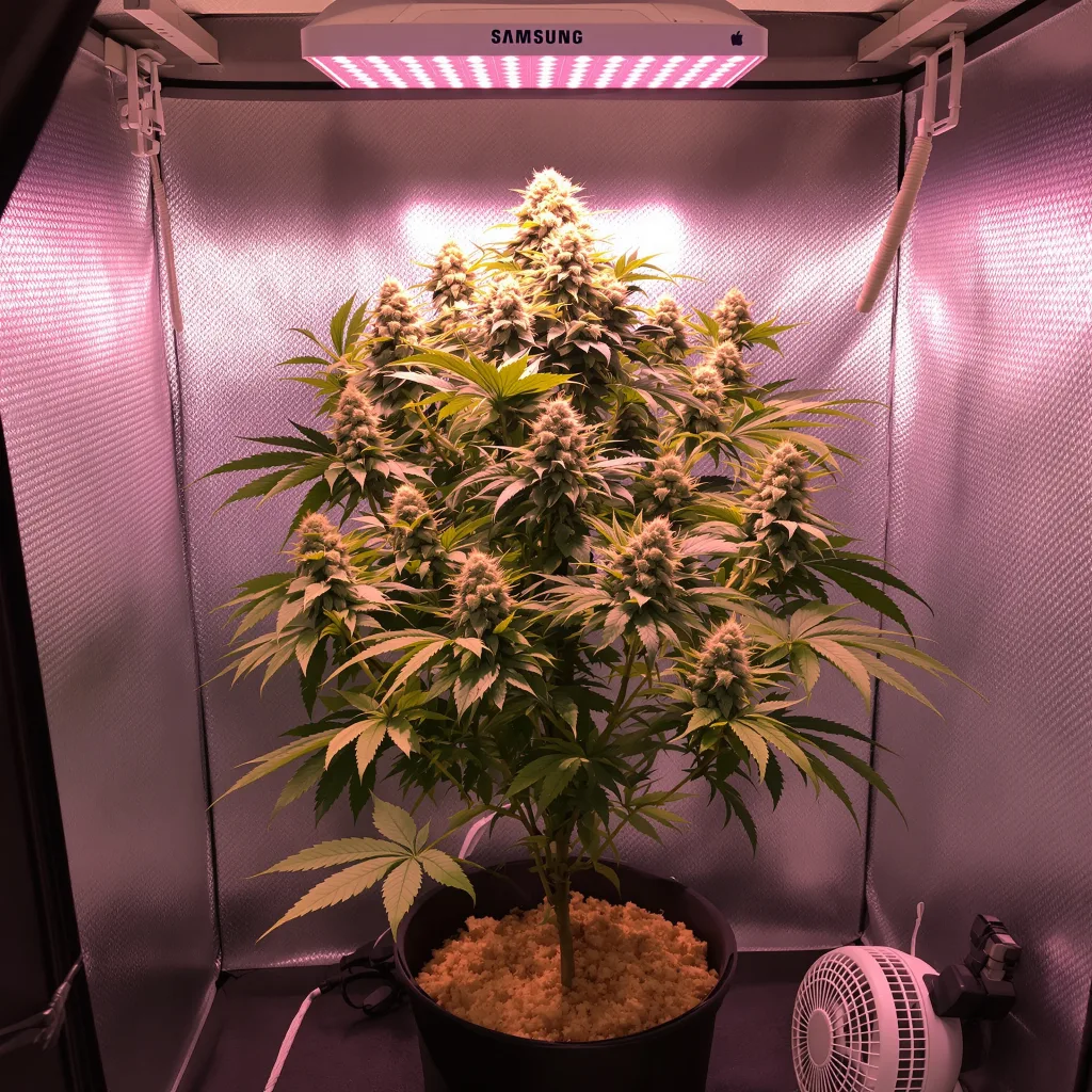 Lemon Daddy 68% Indica / 32% Sativa — Blüte mit sichtbaren Trichomen