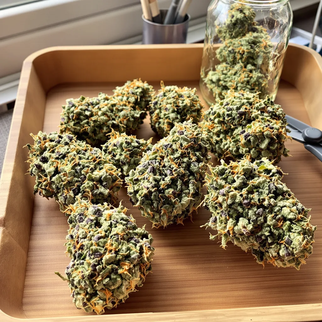 Lemon 57% Indica / 43% Sativa — Blüte mit sichtbaren Trichomen
