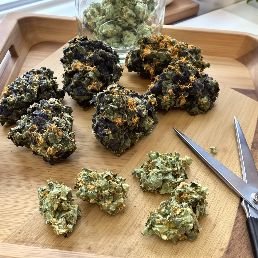 Lemon Garlic OG 78% Indica / 22% Sativa — Blüte mit sichtbaren Trichomen