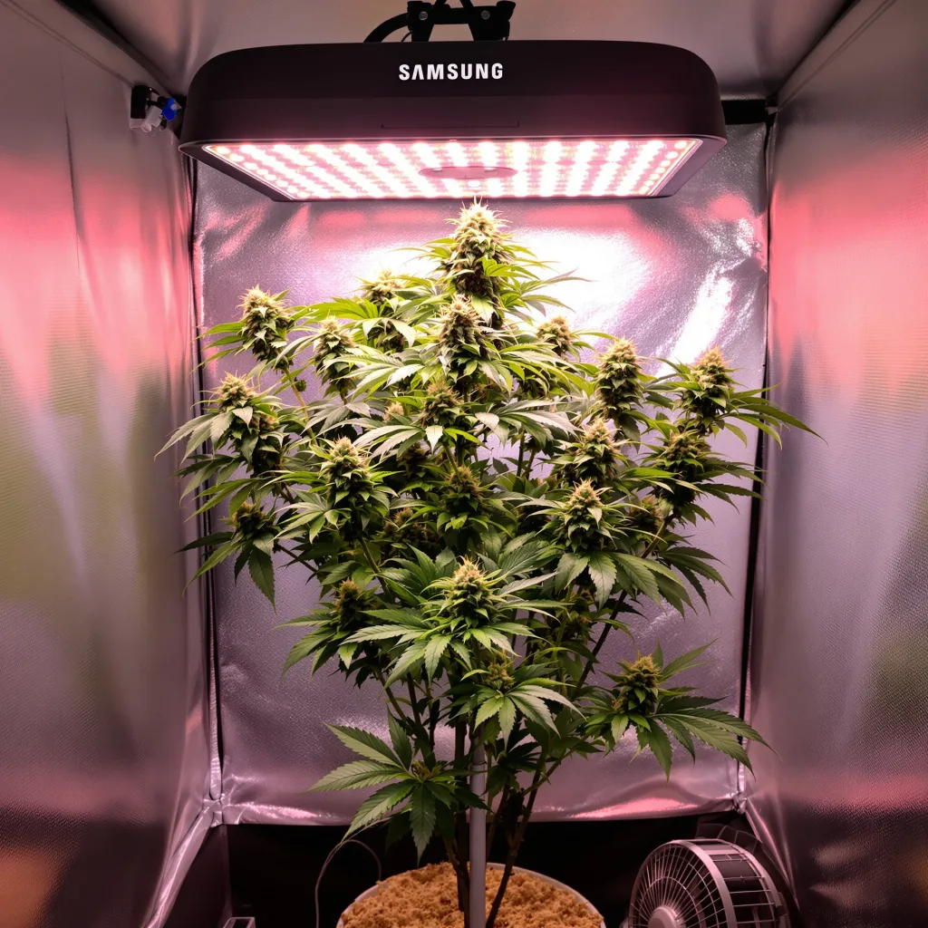 Lemon Garlic OG 78% Indica / 22% Sativa — Blüte mit sichtbaren Trichomen