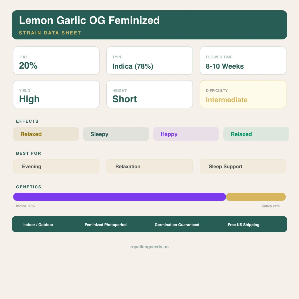 Lemon Garlic OG 78% Indica / 22% Sativa — Blüte mit sichtbaren Trichomen