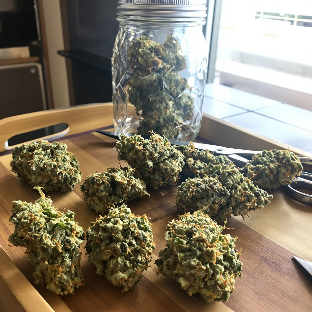 Lemon Haze 23% Indica / 77% Sativa — Blüte mit sichtbaren Trichomen