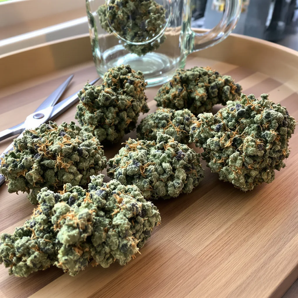 Lemon Kush 50% Indica / 50% Sativa — Blüte mit sichtbaren Trichomen