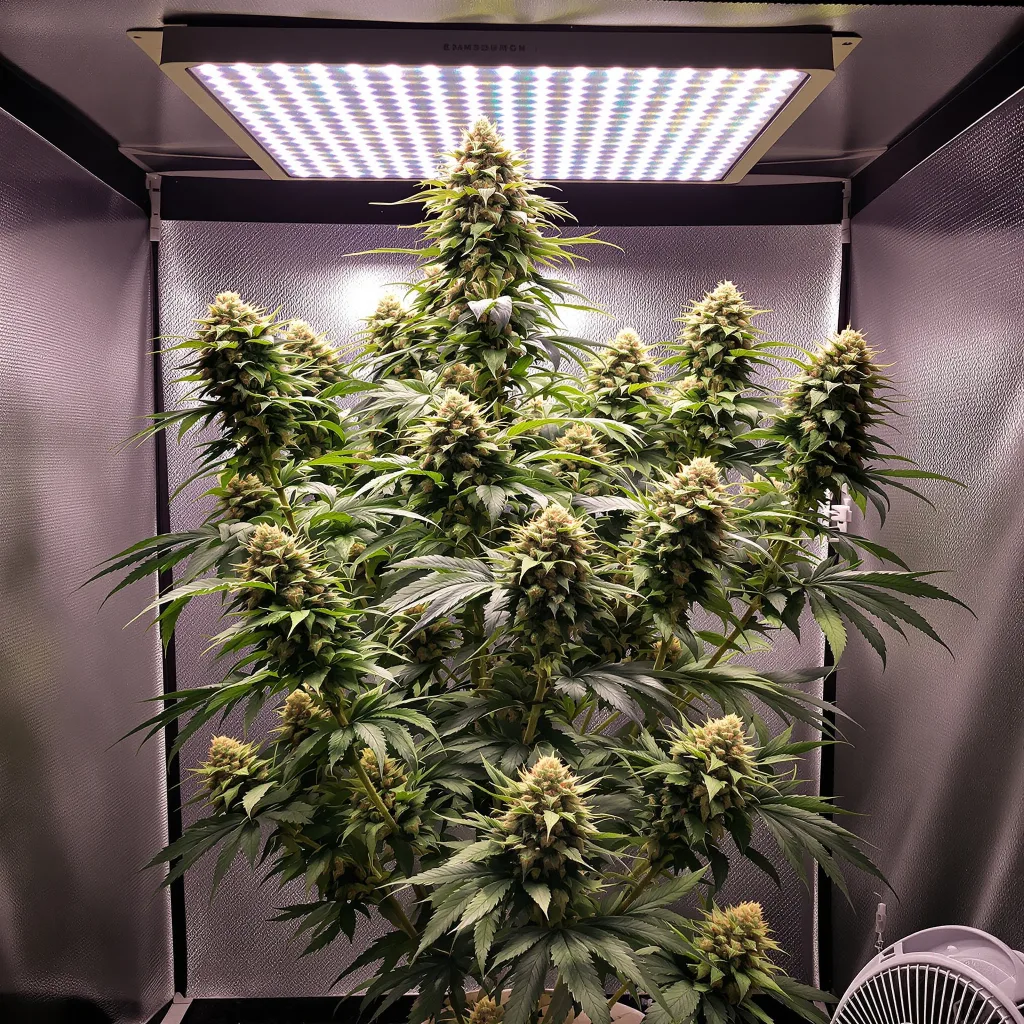Lemon Kush 50% Indica / 50% Sativa — Blüte mit sichtbaren Trichomen