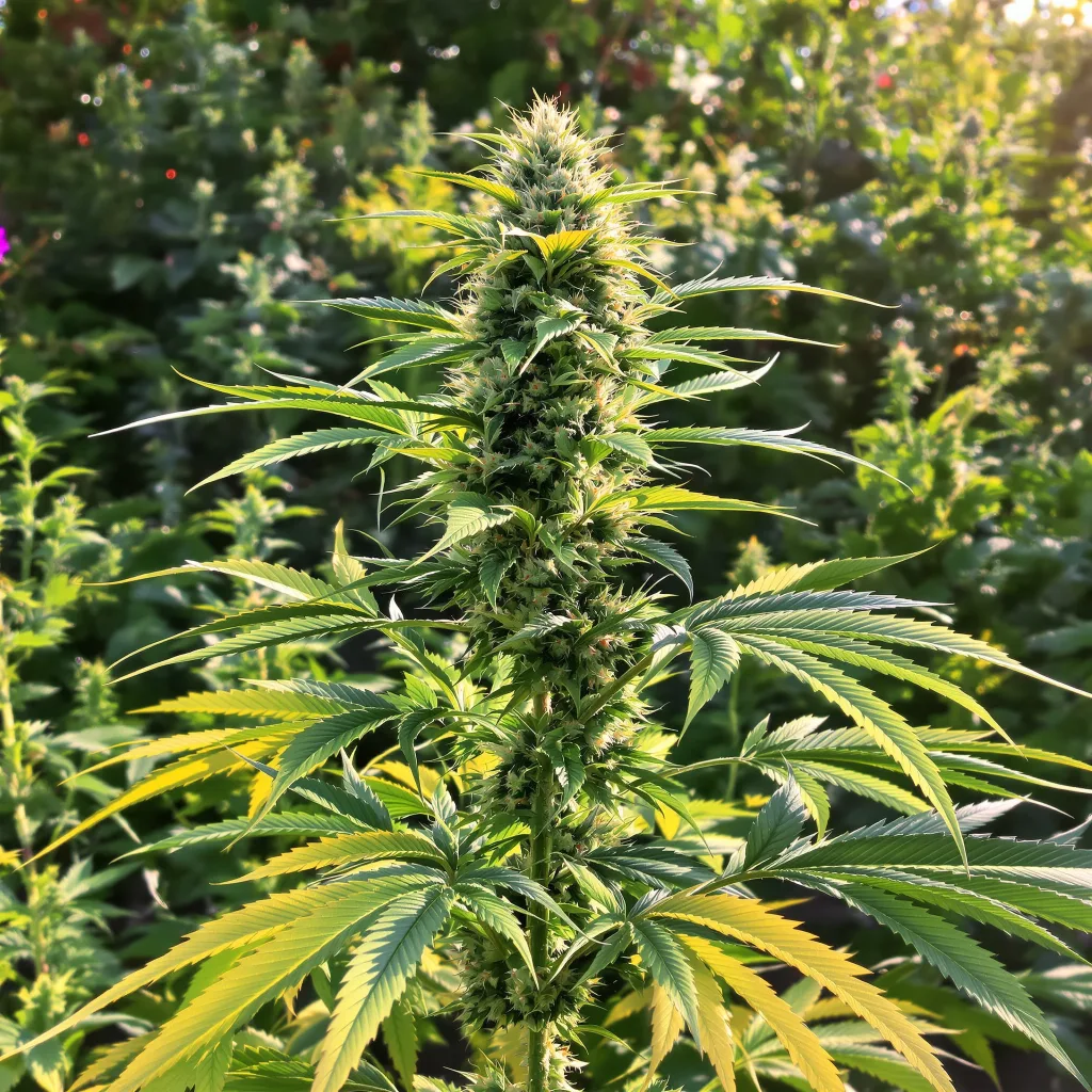 Lemon Kush 50% Indica / 50% Sativa — Blüte mit sichtbaren Trichomen