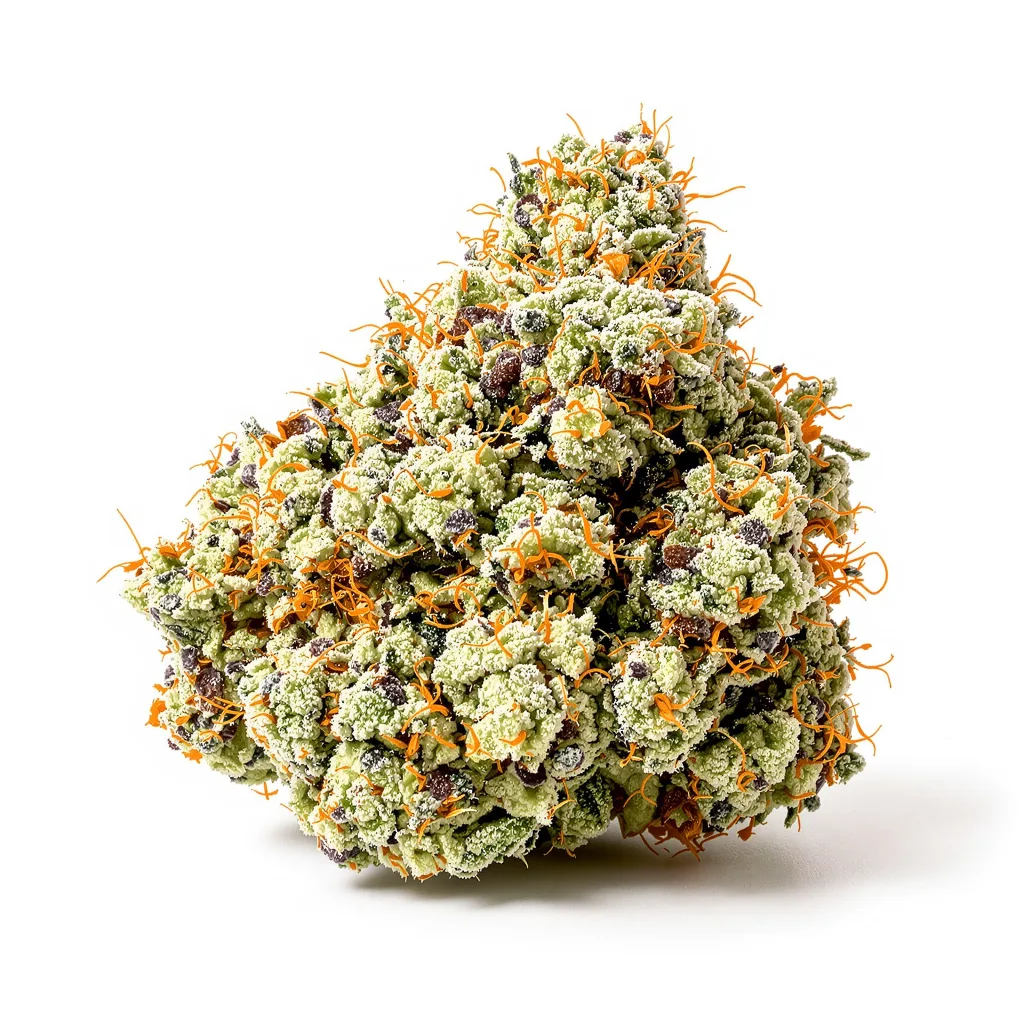 Lemon Kush 50% Indica / 50% Sativa — Blüte mit sichtbaren Trichomen