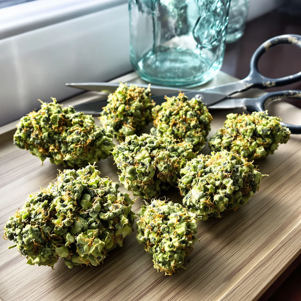 Liberty Haze 15% Indica / 85% Sativa — Blüte mit sichtbaren Trichomen