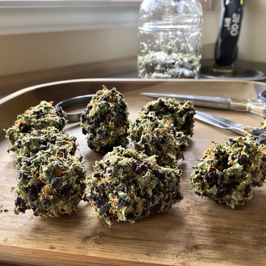 London Pound Cake 73% Indica / 27% Sativa — Blüte mit sichtbaren Trichomen