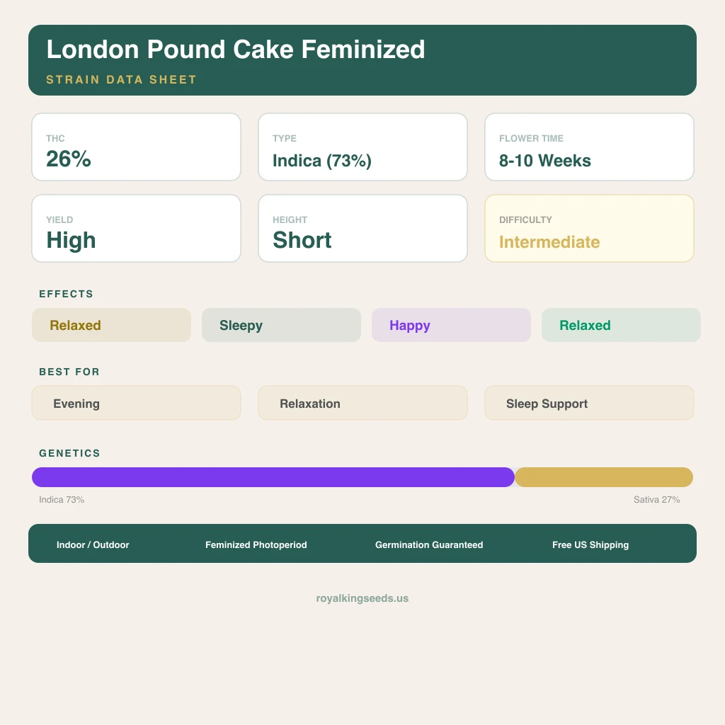 London Pound Cake 73% Indica / 27% Sativa — Blüte mit sichtbaren Trichomen