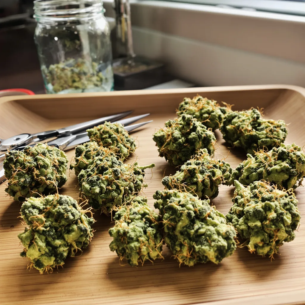 Love Potion #1 30% Indica / 70% Sativa — Blüte mit sichtbaren Trichomen