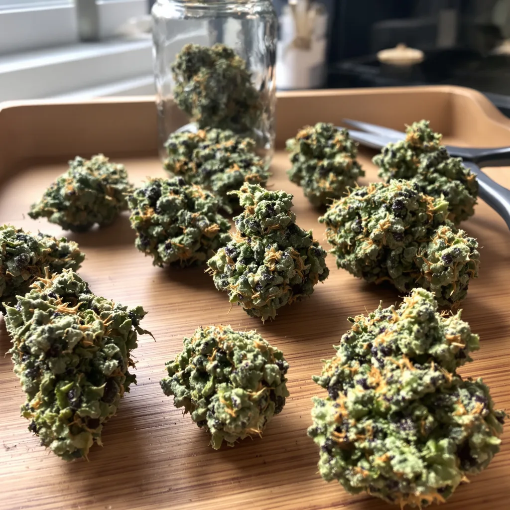 Lowryder 44% Indica / 56% Sativa — Blüte mit sichtbaren Trichomen