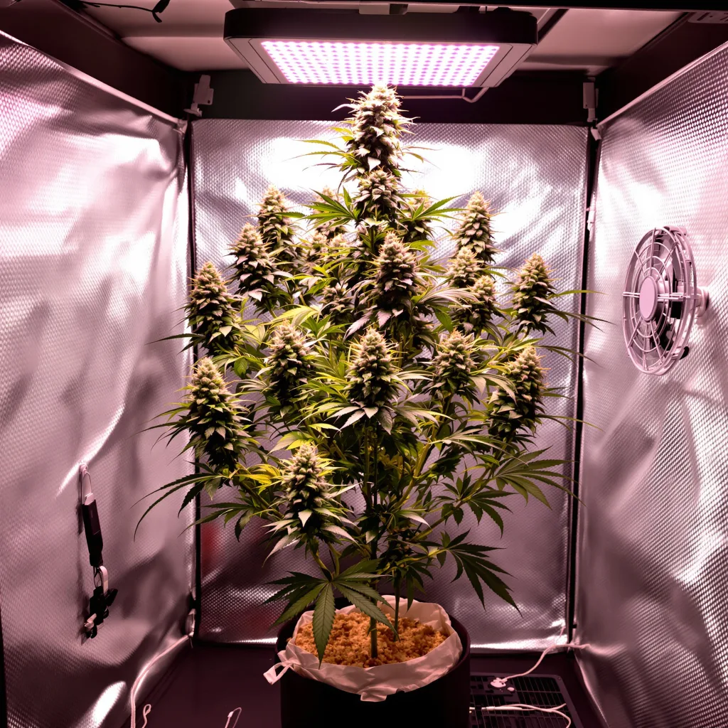 Lowryder 44% Indica / 56% Sativa — Blüte mit sichtbaren Trichomen