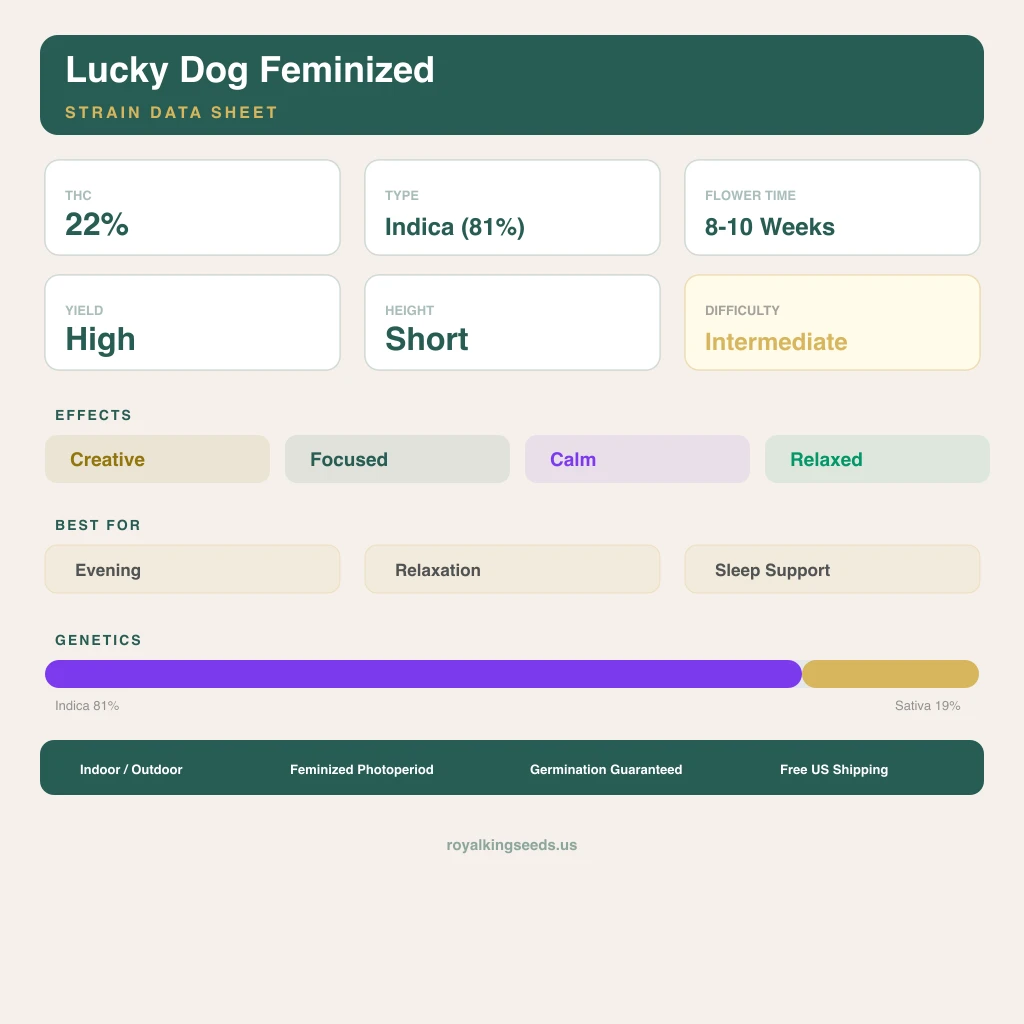 Lucky Dog 81% Indica / 19% Sativa — Blüte mit sichtbaren Trichomen