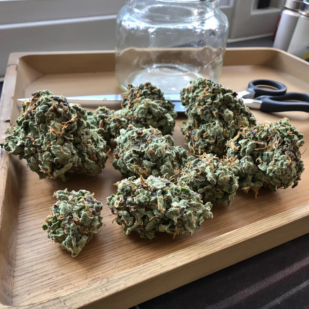 Mac 1 50% Indica / 50% Sativa — Blüte mit sichtbaren Trichomen