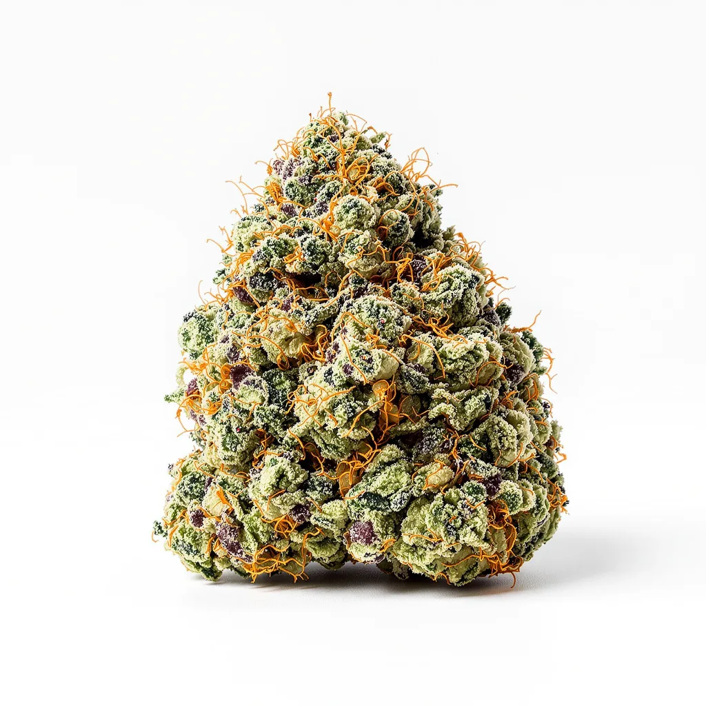 Mac 1 50% Indica / 50% Sativa — Blüte mit sichtbaren Trichomen