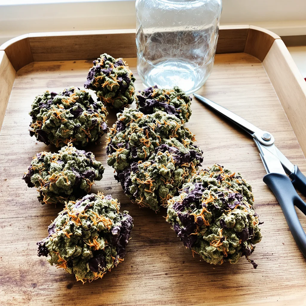 Mango Crack 82% Indica / 18% Sativa — Blüte mit sichtbaren Trichomen