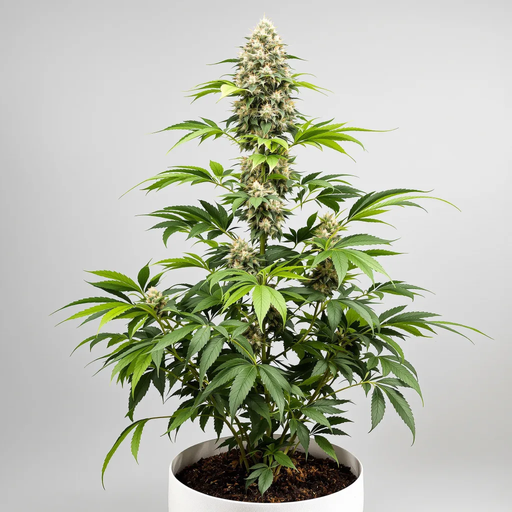 Manitoba Poison Cannabisblüte Nahaufnahme mit ausgewogene Blütenstruktur mit eisigen Trichomen