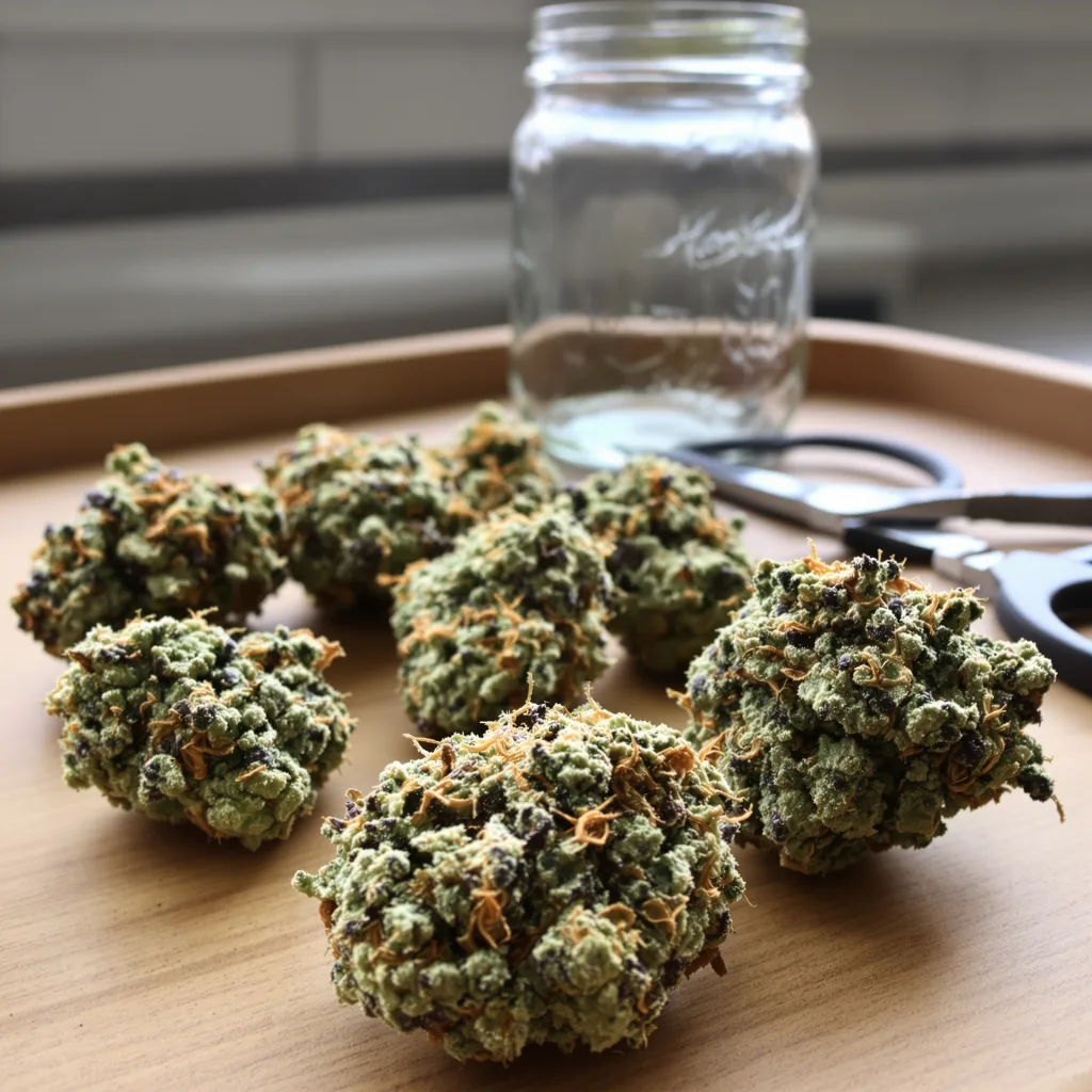Manitoba Poison 57% Indica / 43% Sativa — Blüte mit sichtbaren Trichomen