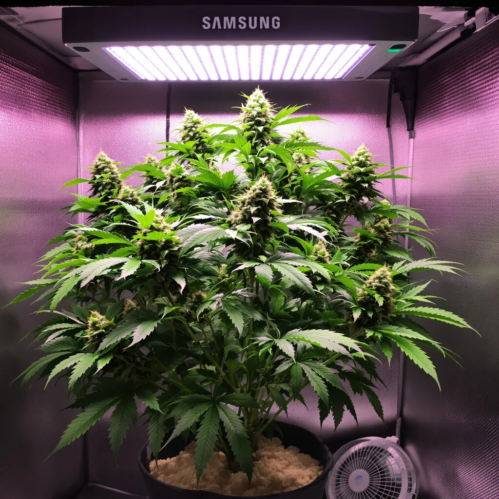 Maple Leaf 70% Indica / 30% Sativa — Blüte mit sichtbaren Trichomen