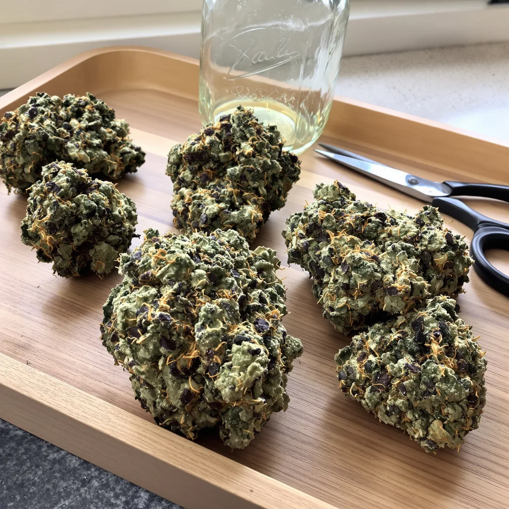 Marionberry Kush 80% Indica / 20% Sativa — Blüte mit sichtbaren Trichomen