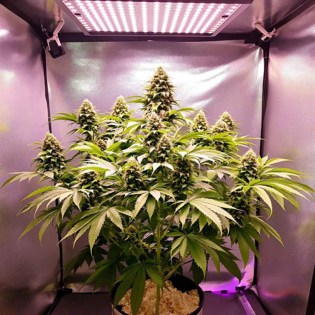 Marionberry Kush 80% Indica / 20% Sativa — Blüte mit sichtbaren Trichomen