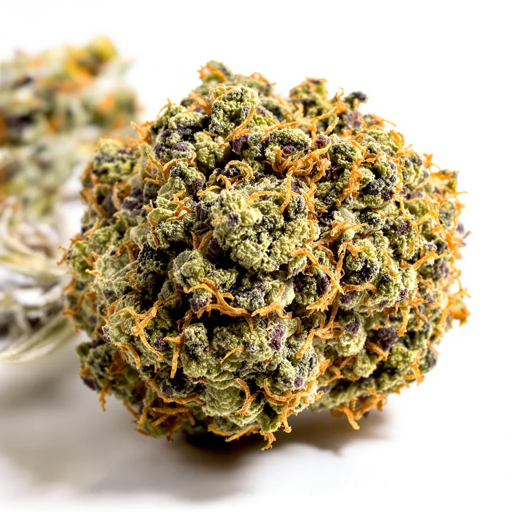 Marionberry Kush 80% Indica / 20% Sativa — Blüte mit sichtbaren Trichomen