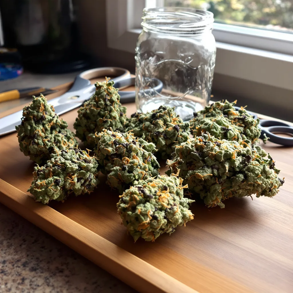 Master Yoda 40% Indica / 50% Sativa — Blüte mit sichtbaren Trichomen