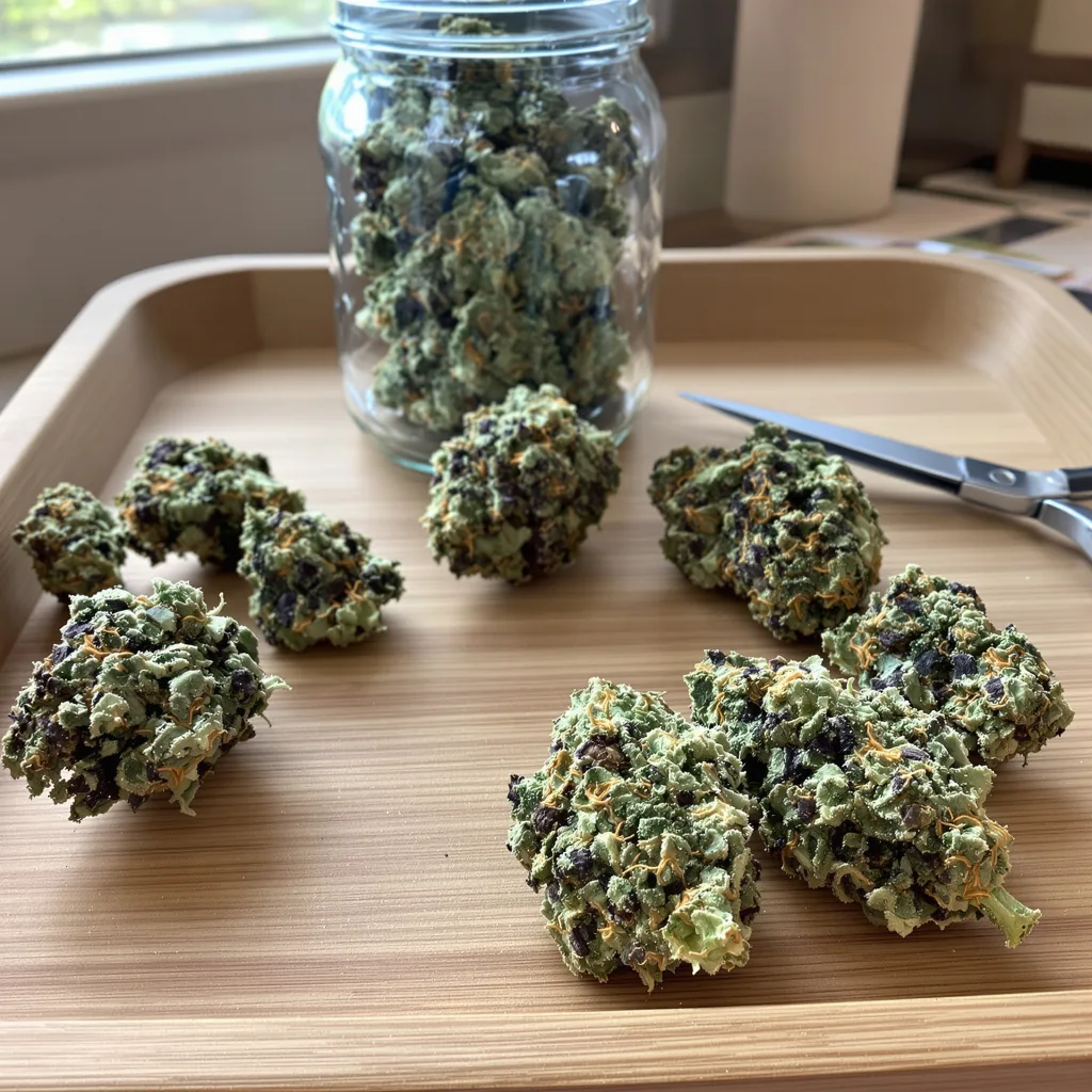 Maui Haole 55% Indica / 45% Sativa — Blüte mit sichtbaren Trichomen