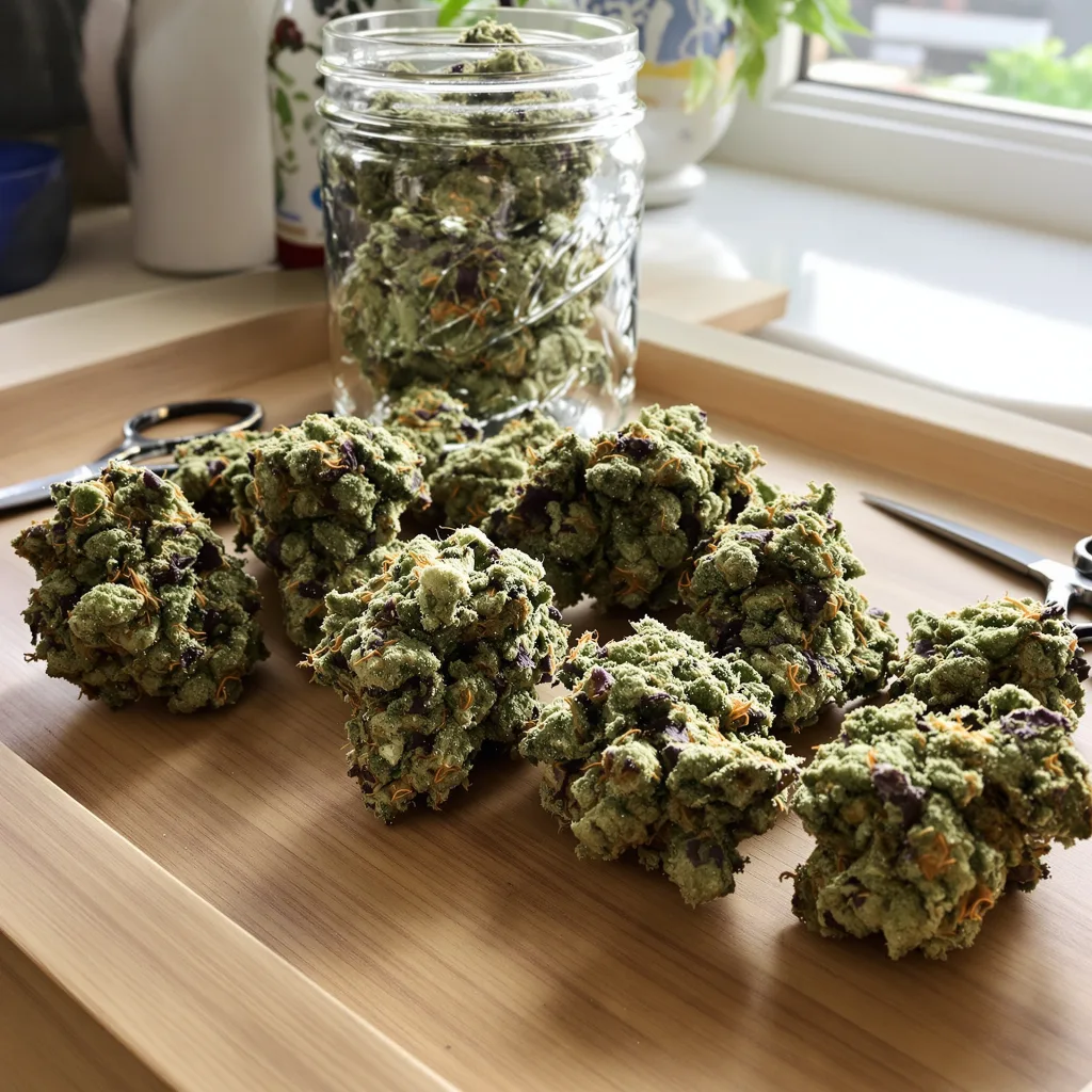 Maxi Gom 54% Indica / 46% Sativa — Blüte mit sichtbaren Trichomen