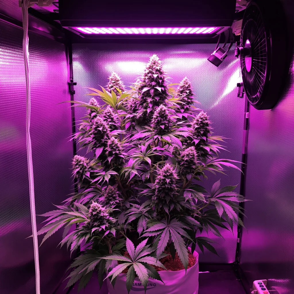 Maxi Gom 54% Indica / 46% Sativa — Blüte mit sichtbaren Trichomen
