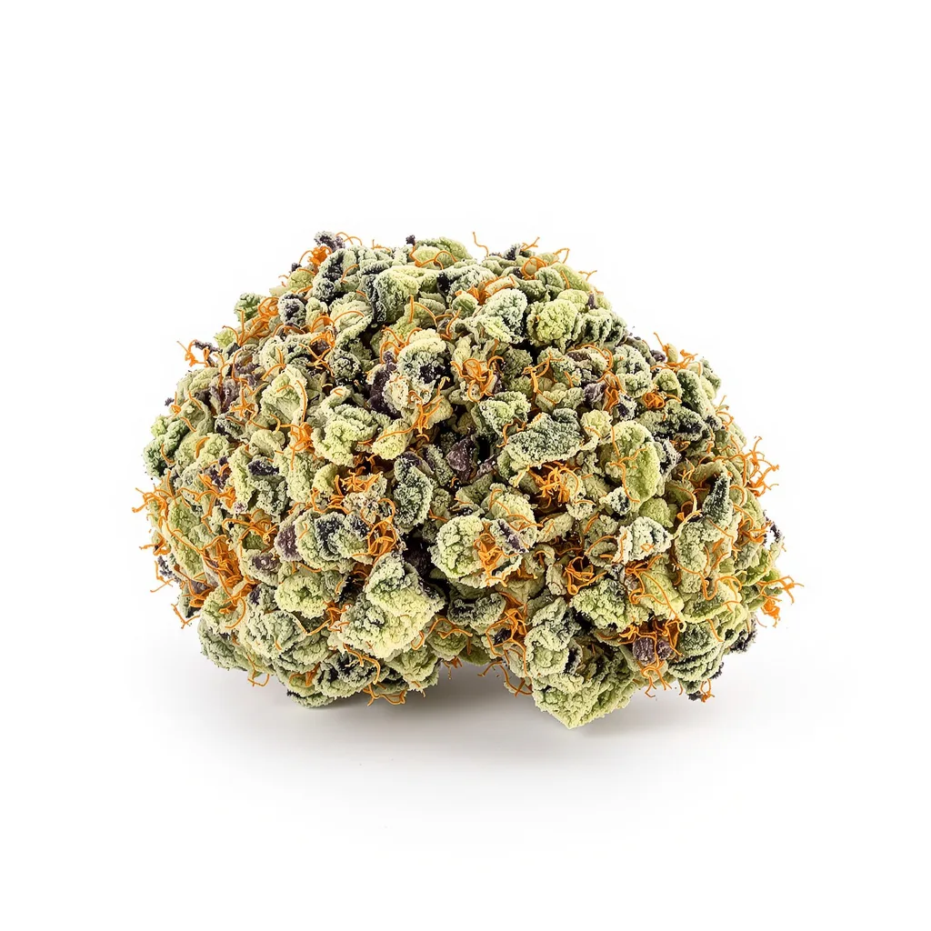 Maxi Gom 54% Indica / 46% Sativa — Blüte mit sichtbaren Trichomen
